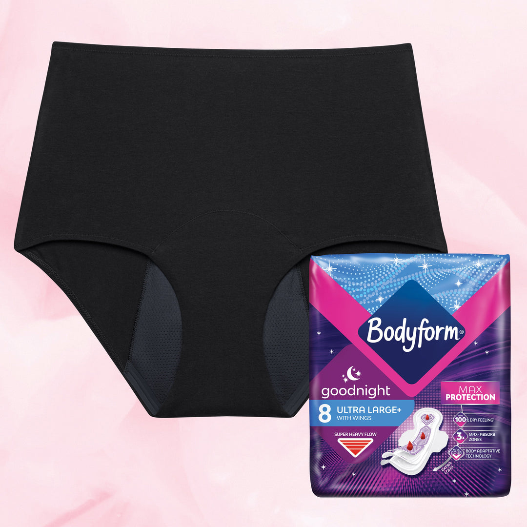 The Good Night Bundle featuring black period underwear and a package of nighttime pads for heavy flow protection and comfort during sleep.