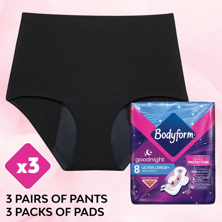 The Good Night Bundle - 6 pack features black ComfortFit High Waist Period Pants and a package of Bodyform Max Cour-V Goodnight Ultra Large pads.