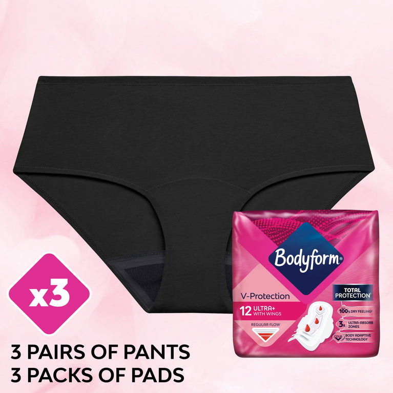 Good Day Bundle - 6 pack includes black underwear and pink-packaged sanitary pads, designed for comfort and protection during moderate-heavy flows.