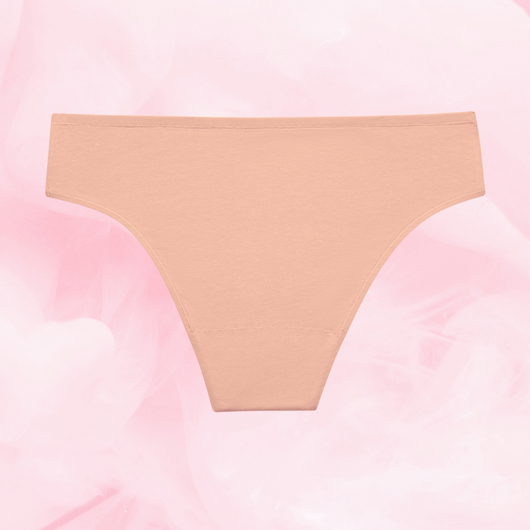 ComfortFit Essentials Brazilian Light period pants, close-up of undergarment detailing slimline edges and ComfortFit gusset for discreet, reliable 12-hour protection.