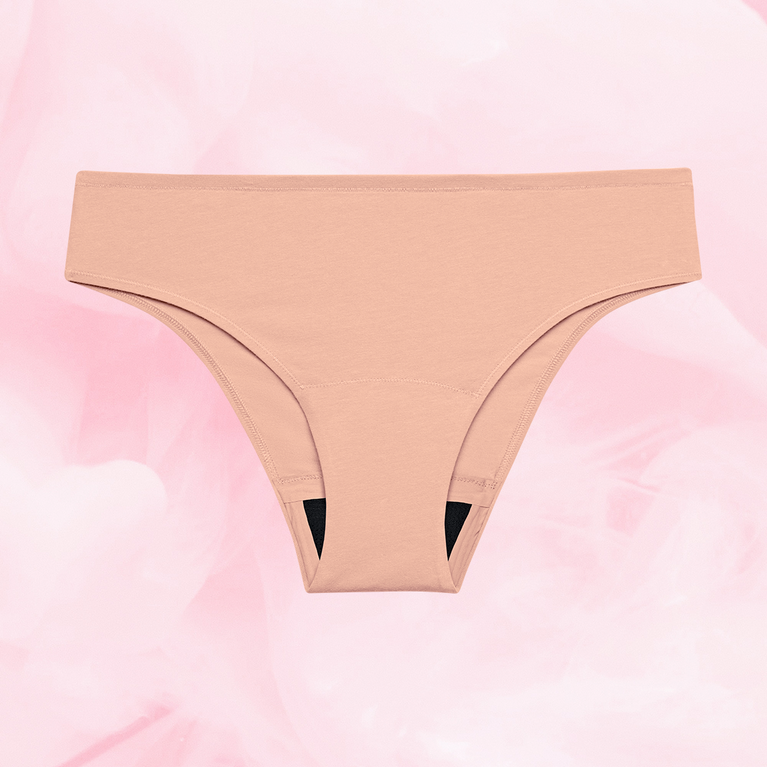 Close-up of ComfortFit Essentials Brazilian Light period pants, showcasing a snug fit designed for 12-hour protection with innovative TriTech Performance technology and ComfortFit gusset.