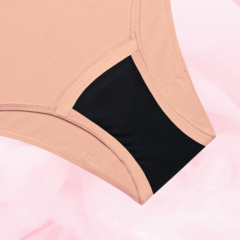 ComfortFit Essentials Brazilian Light underwear, showcasing a close-up of the fabric's texture, designed for period protection with discreet, reliable coverage and a tailored fit.