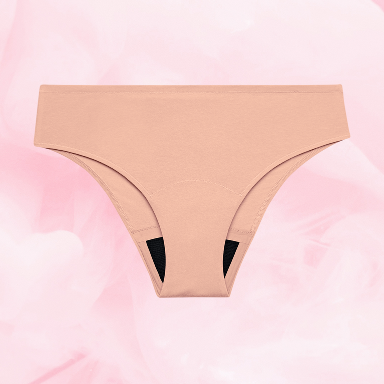 ComfortFit Essentials Brazilian Moderate underwear, showcasing a close-up of the gusset area, designed for reusable period protection with slimline edges for a discreet fit.