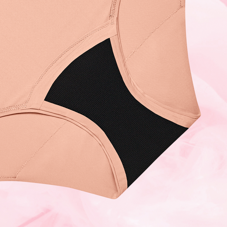 ComfortFit High Waist Moderate period pants showcasing close-up of fabric and design, emphasizing the gusset's tailored fit for reliable, long-lasting protection.
