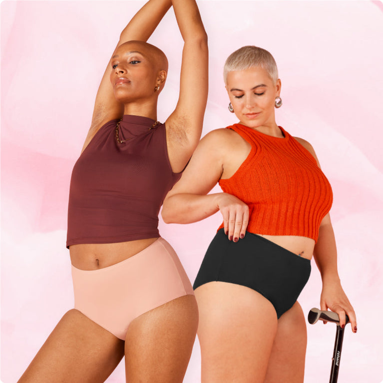 Woman showcasing the High Waist Discovery Set, emphasizing the sleek design and fit. Featuring ComfortFit High Waist options for light, moderate, and heavy protection.