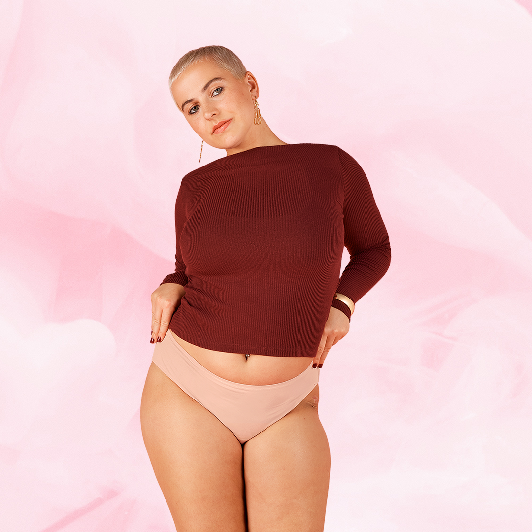 ComfortFit Essentials Brazilian Moderate period pants, featuring a discreet fit, depicted on a model showcasing its close-fitting design and innovative protection features.