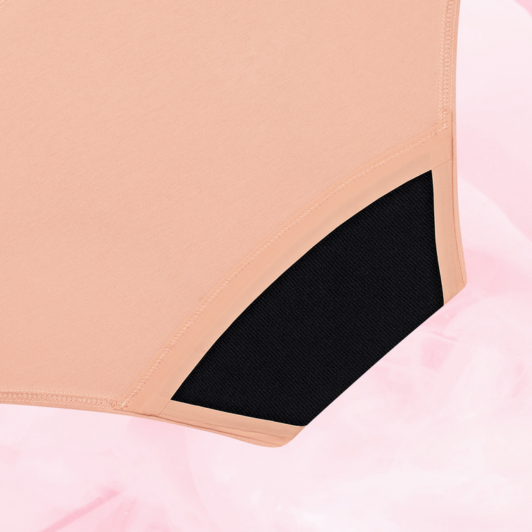 ComfortFit Essentials Hipster Logo Waistband Moderate period pants with a close-up of pink and black fabric, featuring a snug fit for reliable protection.