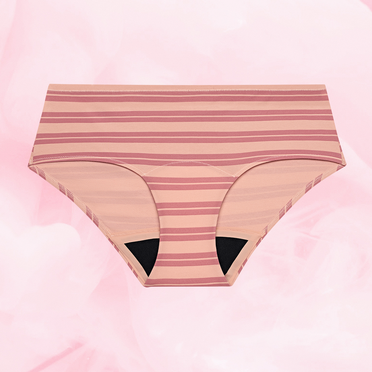 ComfortFit Essentials Hipster Moderate underwear with pink and white stripes, featuring slimline edges for discreet protection. Designed for 12-hour period use with TriTech technology.